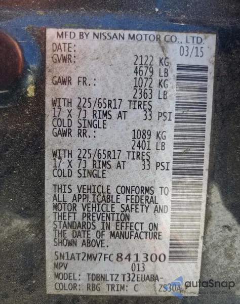 2015 Nissan Rogue S from USA, damaged, VIN 5N1AT2MV7FC841300